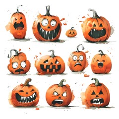 Whimsical Watercolor of Expressively Carved Jack-o-Lanterns for Halloween Decor