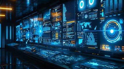 Obraz premium An advanced AI interface with holographic screens showing data analysis and decision-making processes, in a high-tech control room with soft blue lighting. Created using: high-resolution camera,