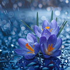 Spring flowers of blue crocuses in drops of water on the background of tracks of rain drops.