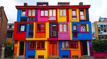 A multi-colored building with many windows and doors