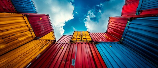 A stack of colorful shipping containers against a blue sky