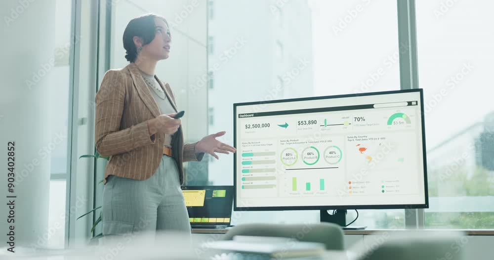 Poster Computer screen, prepare and presentation with business woman in boardroom, getting ready for pitch. Dashboard, data and global report with financial employee at work to practice for client meeting