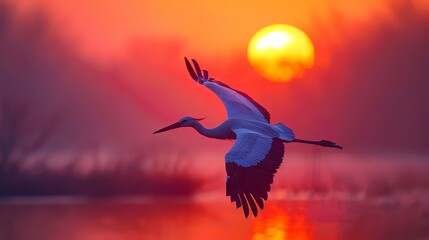 A large bird flying over a body of water at sunset