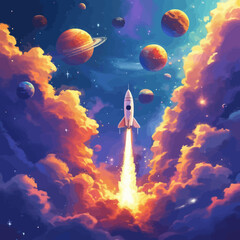 Fototapeta premium Interstellar Exploration: A Rocket's Journey Through a Vibrant Cosmic Sky