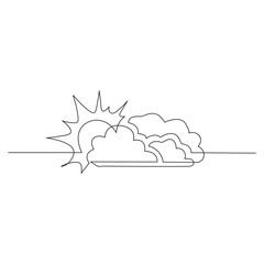 One line sun with cloud sketch. Continuous doodle art drawing, creative linear weather icon isolated. 