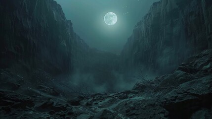 A dark cave with a full moon in the sky