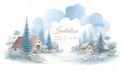 Village Floral wedding invitation template. Invitation for community programme. Or  community event or parish party or village party. Watercolour design on textured white paper; text and details custo