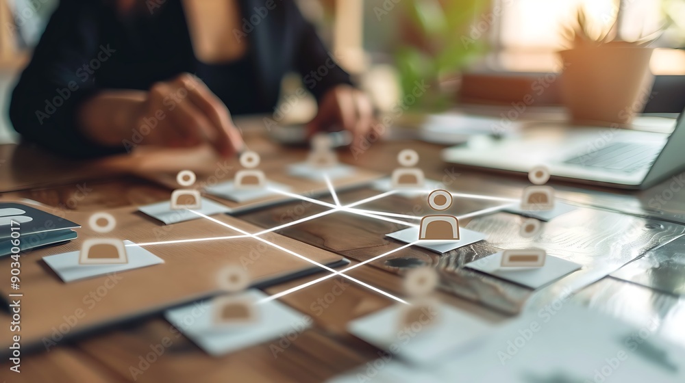 Aufkleber building connections: a strategic overview of team collaboration using wooden figures and visual net