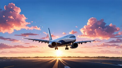 Obraz premium Airplane Landing on Runway at Sunset with Dramatic Clouds - Stunning Aviation Photograph