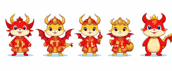 Five cartoon cat characters with dragon wings and costumes, smiling and posing