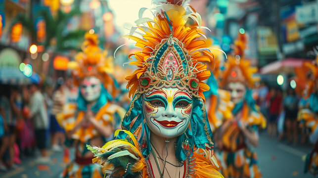 MassKara Festival parade of dancers in colorful costumes and decorative masks, backdrop of busy city streets, Ai Generated Images