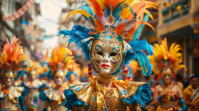 MassKara Festival parade of dancers in colorful costumes and decorative masks, backdrop of busy city streets, Ai Generated Images