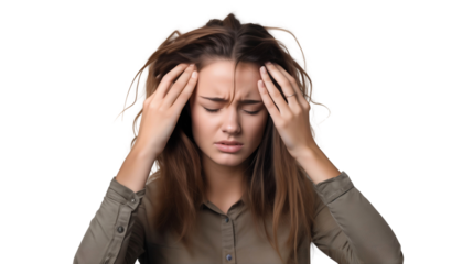 Portrait of a woman suffering from headache or stress, isolated on transparent background