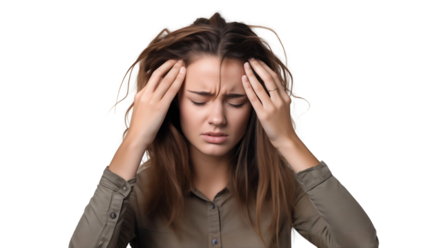 Portrait of a woman suffering from headache or stress, isolated on transparent background