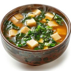 a bowl of soup with tofu and spinach