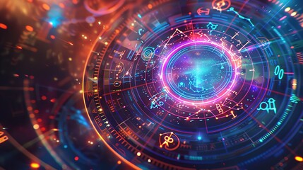 Fototapeta premium Abstract Digital Interface with Glowing Circles and Symbols
