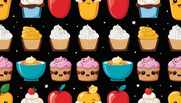 Cute and colorful desserts and fruits in a row, with a starry night sky background