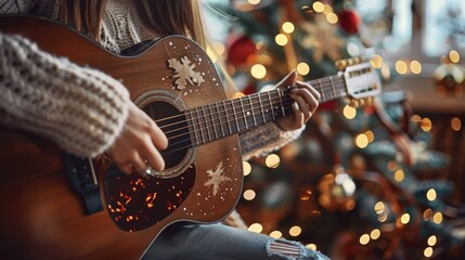 Fototapeta premium Woman Playing Acoustic Guitar with Christmas Decorations and Warm Lighting in Background
