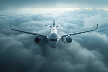 A large passenger jet flying above the clouds in the sky