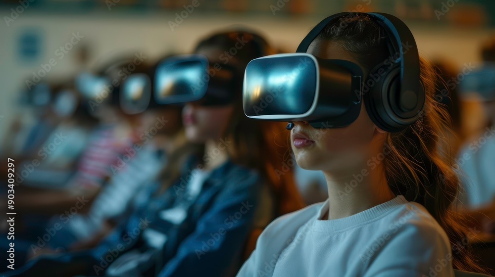Poster a group of children engaged in virtual reality experiences, showcasing the future of technology and 