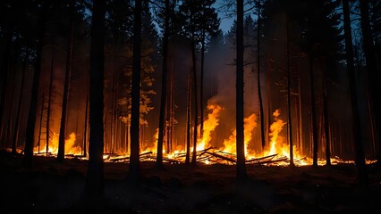 Obraz premium A raging fire burning in a dark forest at night, casting a warm glow on the surroundings