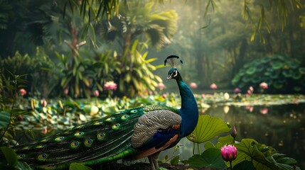 a proud peacock displaying its vibrant feathers in a lush garden