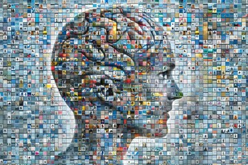 Digital mosaic of a human head symbolizing technology and artificial intelligence.