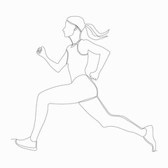 Continuous one drawn line silhouette running athlete girl, vector illustration.