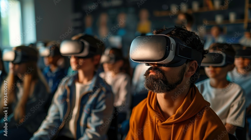 Poster audience engaged in virtual reality experience with headsets, showcasing technology and immersion in