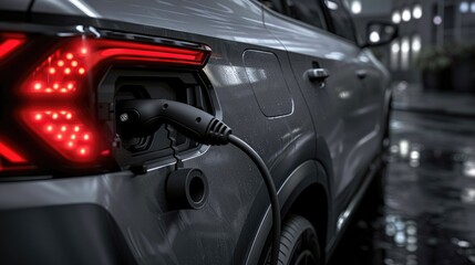 Modern Electric Car Charging at Night in Urban Setting with Sleek Design and Bright Taillights