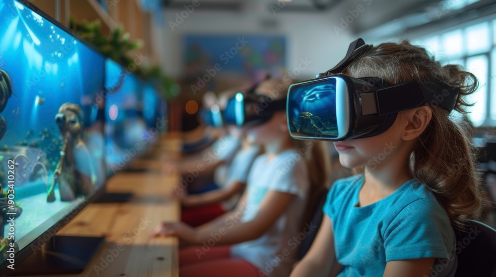 Poster children engaged in virtual reality experience, exploring digital worlds with vr headsets in an inte