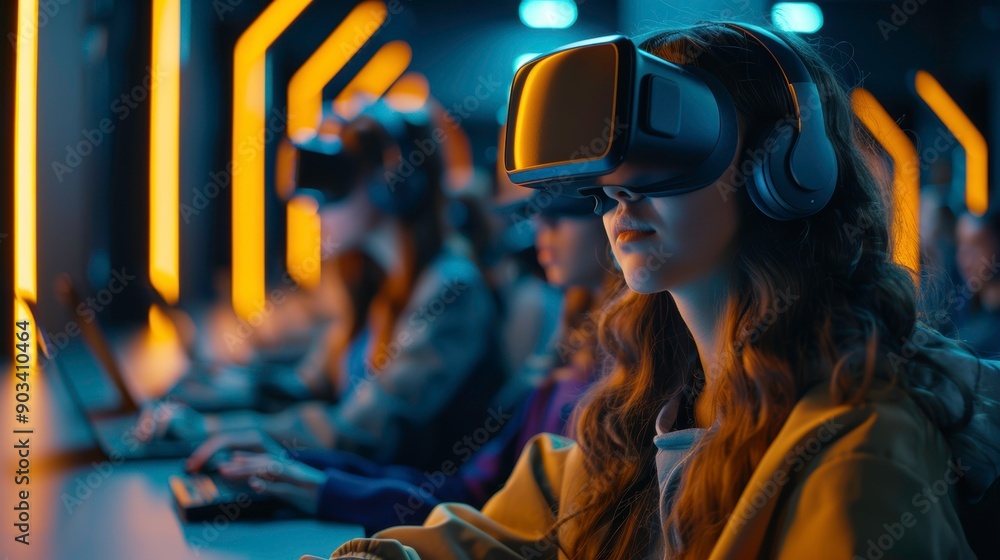 Poster focused individual using virtual reality headset in a modern tech environment with others engaged in