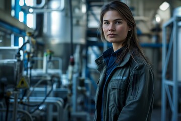 Fototapeta premium Confident Female Engineer in Industrial Facility Wearing Green Jacket