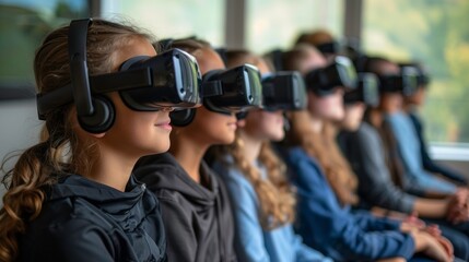 Group of children experiencing virtual reality together, showcasing excitement and engagement in an innovative environment.