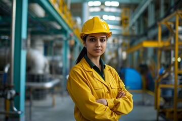 Female Industrial Worker in Yellow Safety Gear Standing Confidently in Factory