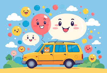 Cheerful yellow van with smiling balloons and a cat passenger