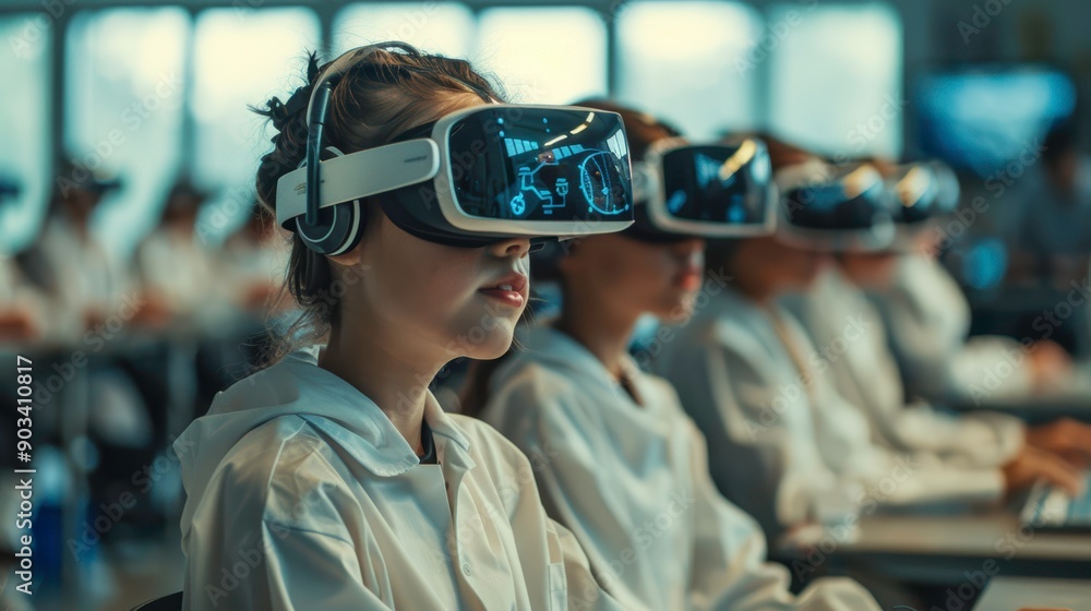 Poster students engaged in immersive learning using virtual reality headsets in a modern classroom environm