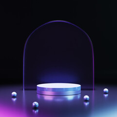 3D rendering of purple futuristic cyberpunk podium isolated on black background. violet pedestal showcase, pedestals or cosmetics product display. 3d basic geometric shapes