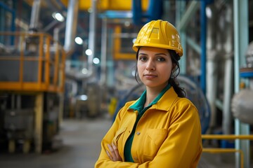 Confident Female Industrial Worker in Yellow Safety Gear Standing in Factory