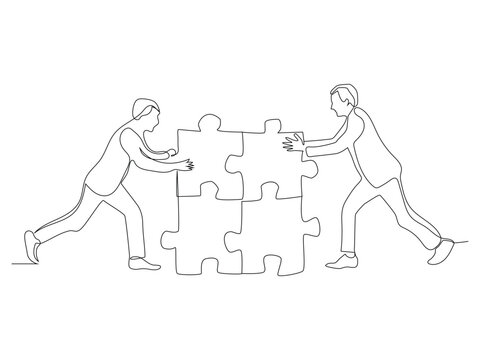 men assembling puzzle, continuous line drawing clip art preview