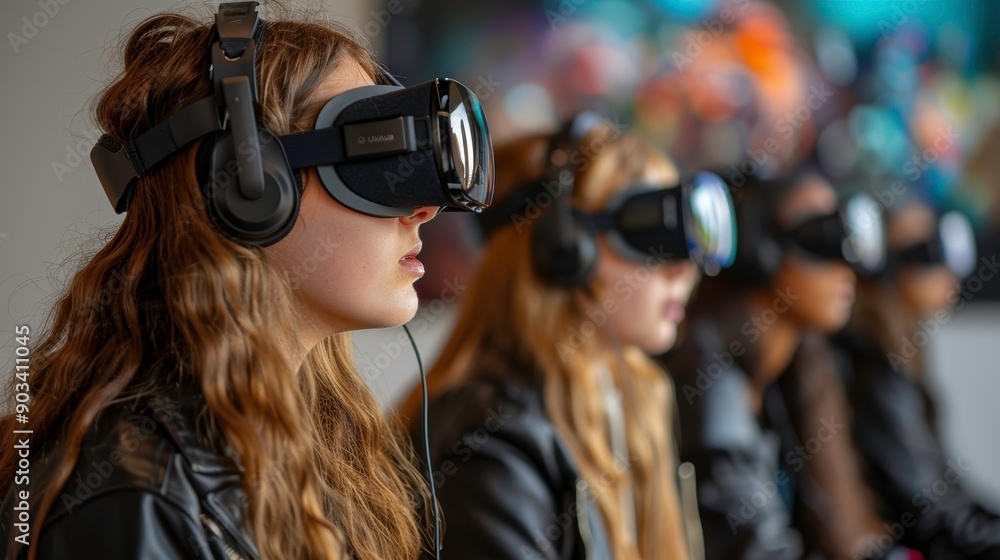 Poster young users engaged in virtual reality experience, showcasing immersive technology and digital inter