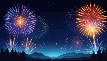 Celebratory Fireworks Over Mountains