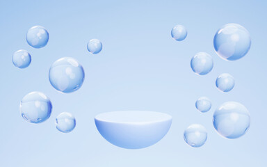 Podium with air bubbles spheres on blue background. Mock up abstract geometric hemisphere stage, empty platform with liquid balls or drops for display product underwater realistic 3d illustration