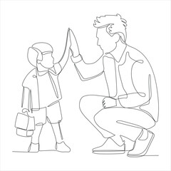 Continuous one  line drawing of a young father giving high-five to his son for success.
