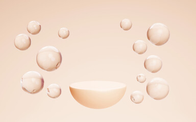 Podium with air bubbles spheres on blue background. Mock up abstract geometric hemisphere stage, empty platform with liquid balls or drops for display product underwater realistic 3d illustration
