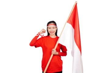 Indonesian woman celebrating Indonesia's independence day on 17 August by holding the Indonesian flag isolated transparent