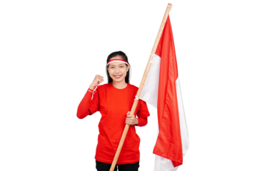 Indonesian woman celebrating Indonesia's independence day on 17 August by holding the Indonesian flag isolated transparent