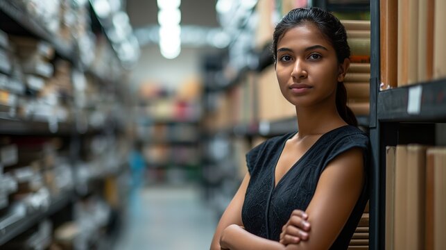 Confident Indian Library Worker Standing with Arms Crossed in Storage Room