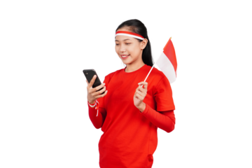Indonesian woman celebrating Indonesia's independence day on 17 August by holding the Indonesian flag isolated transparent