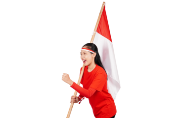 Indonesian woman celebrating Indonesia's independence day on 17 August by holding the Indonesian flag isolated transparent